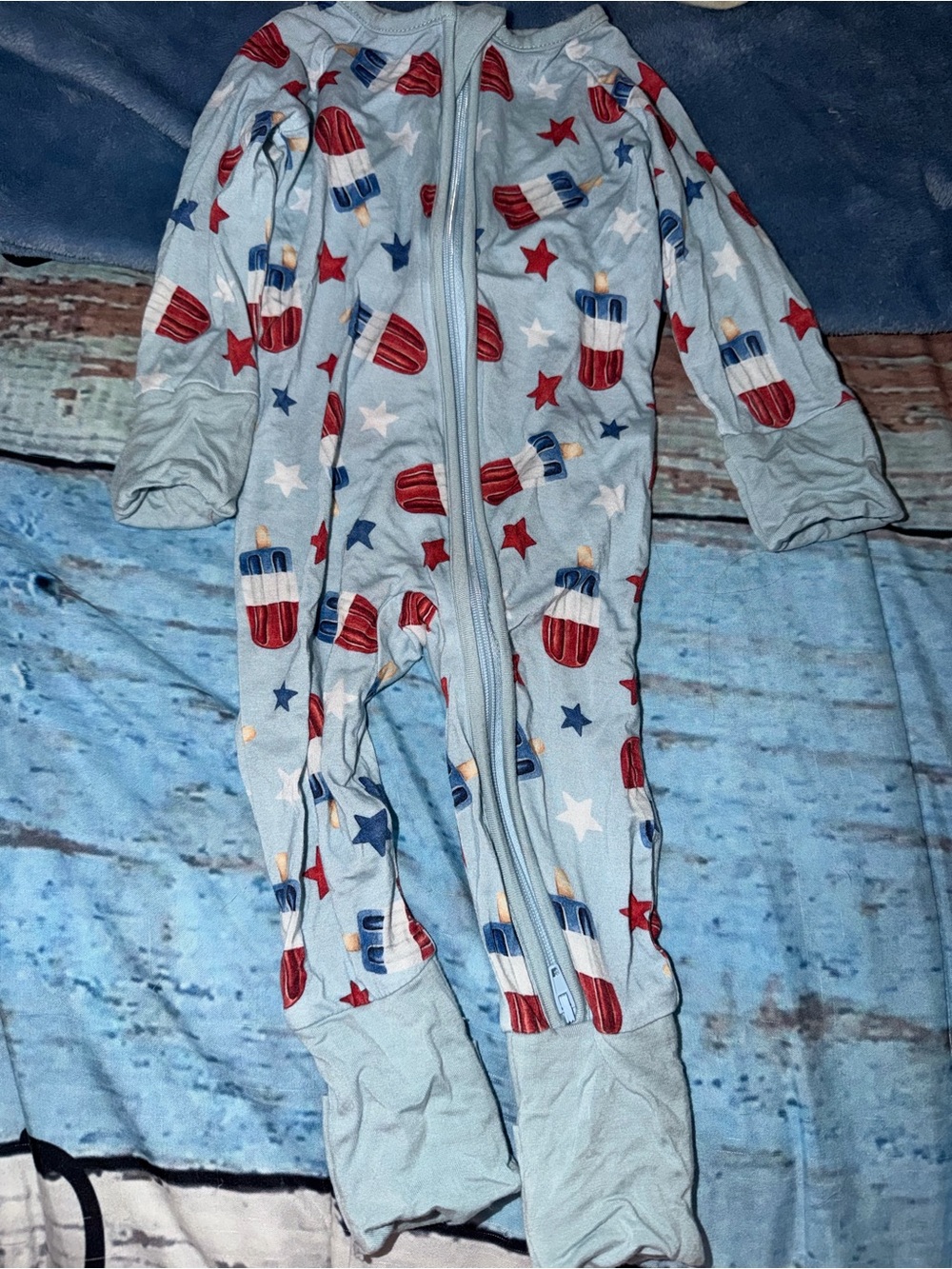 Light Blue Footed One-Piece Pajamas with Red & Blue Popsicle Print